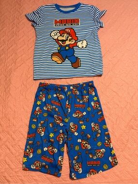 Nintendo Blue & White Mario Striped Tee and Blue Mario Print Shorts